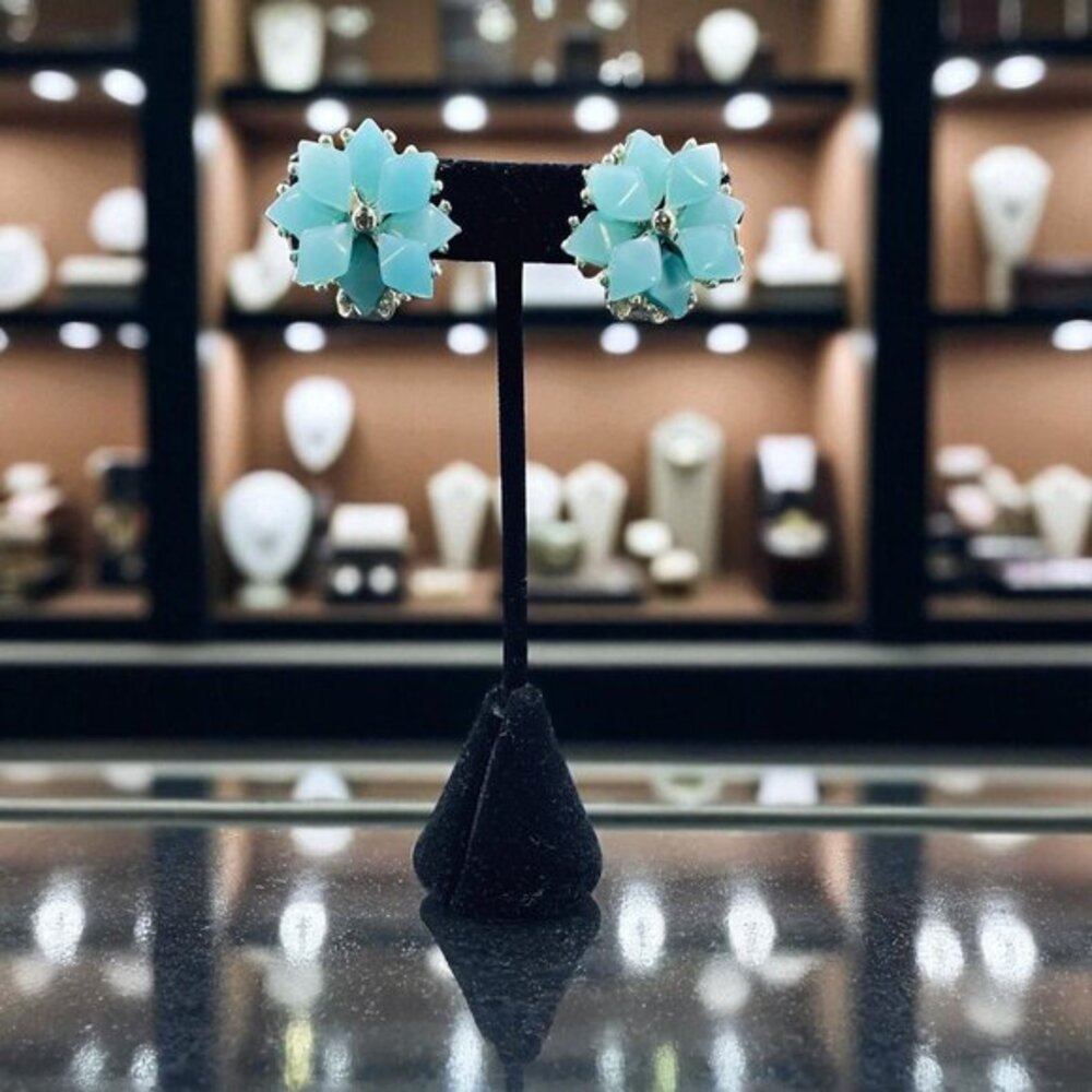 Blue Flower Clip On Earrings Vintage Style Lucite Statement Bold Costume Jewelry